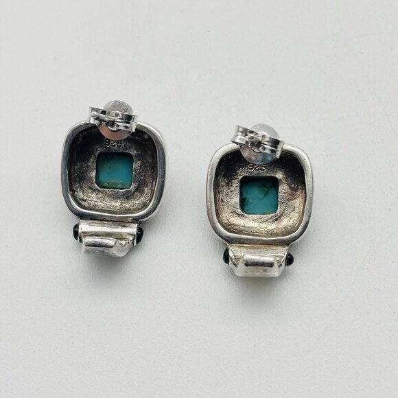 Turquoise Stud Earrings Southwestern Style Marked Sterling Silver 925 - Picture 3 of 6